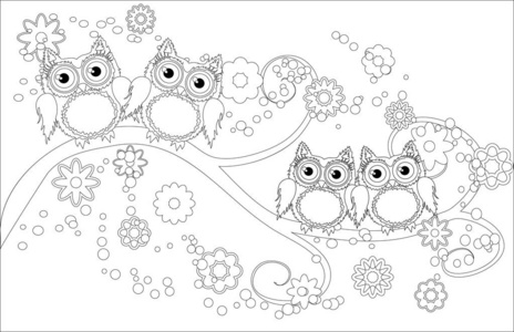 成人和年长儿童着色书。 彩色页面与可爱的猫头鹰和花卉框架。 带状风格的轮廓图