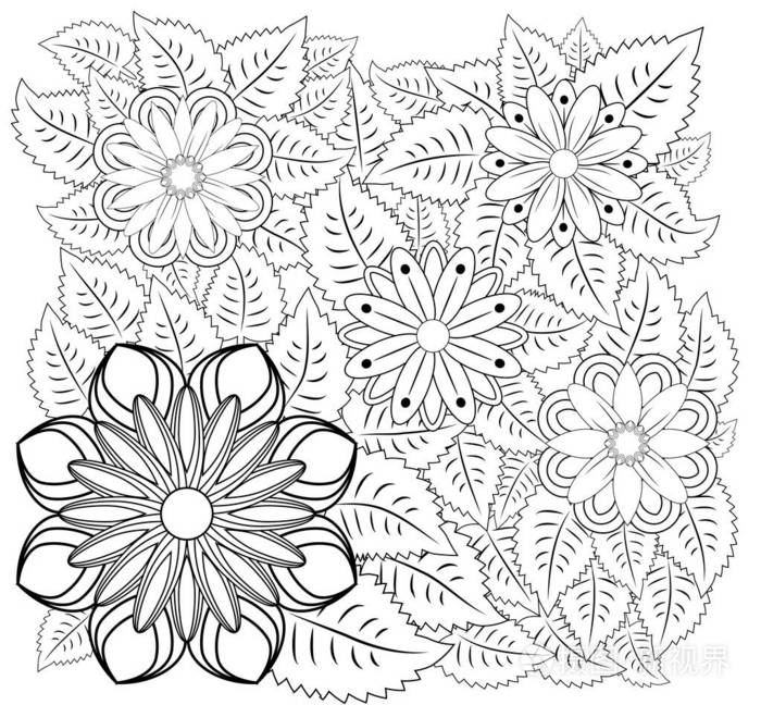 幻想花着色页 手绘涂鸦 花卉图案插图 非洲印度图腾部落带状设计 素描插画 正版商用图片14mgon 摄图新视界