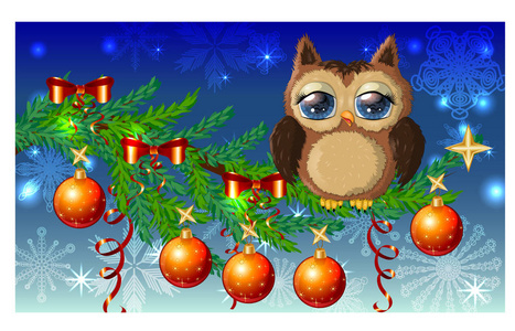 可爱的卡通鹰缠在一个花环上发光的灯泡，在一个云杉枝上装饰着球花环。 圣诞卡