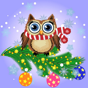 可爱的卡通猫头鹰在云杉树枝上装饰着球花环。 圣诞卡