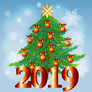装饰圣诞树与礼品盒，星星灯，装饰球和灯。 圣诞快乐，新年快乐。 平面样式矢量插图。