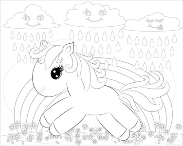 小马绘画着色页. 小可爱的小马和彩虹照片