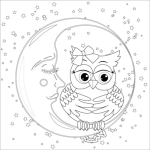 可爱的猫头鹰在半个月亮上有星星。 成人抗压力着色书或纹身Boho风格。
