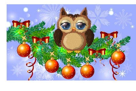 可爱的卡通鹰缠在一个花环上发光的灯泡，在一个云杉枝上装饰着球花环。 圣诞卡