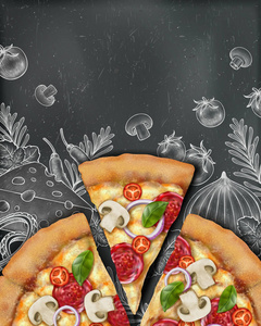 披萨海报广告与3D插图食品，木刻风格插图黑板背景，顶部视图。