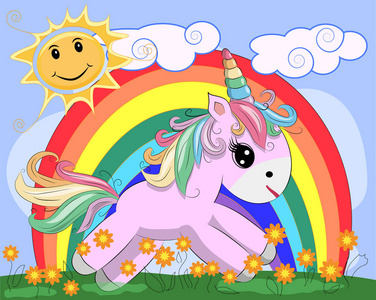 粉红色的独角兽在一片有花的草地上，彩虹的太阳。 儿童插图童话故事