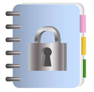 数据保护的概念。 带有金属链的记事本和密码锁