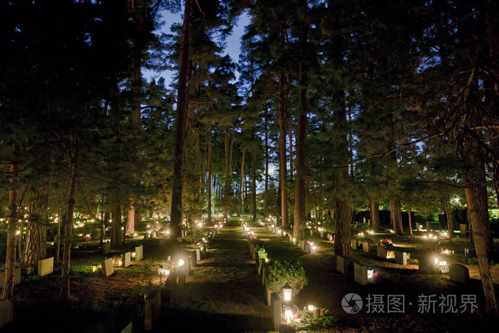 在瑞典斯德哥尔摩林地墓地的万圣节夜射