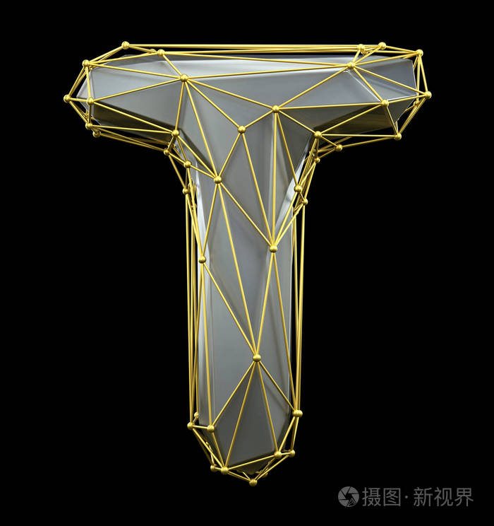 在黑色背景上孤立的低聚风格的银白色和金色的首都拉丁字母 t.三维