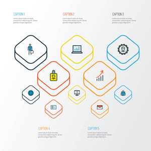 使用计算机分析电子邮件工程师和其他管理员元素设置的贸易图标彩色行。独立的插图交易图标