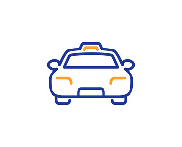 出租车线路图标。 客户运输标志。 乘客汽车符号。 五颜六色的轮廓概念。 蓝色和橙色细线颜色图标。 出租车矢量
