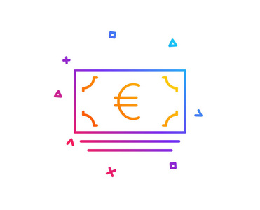 现金货币线图标。 银行货币标志。 欧元或欧元符号。 渐变线按钮。 欧元货币图标设计。 五颜六色的几何形状。 向量