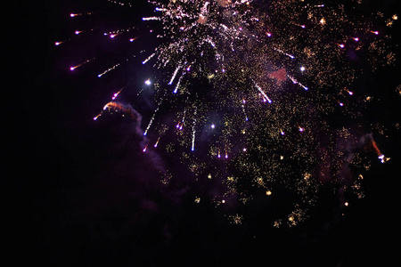 s Eve fireworks, a rocket explodes beautifully in the night sky