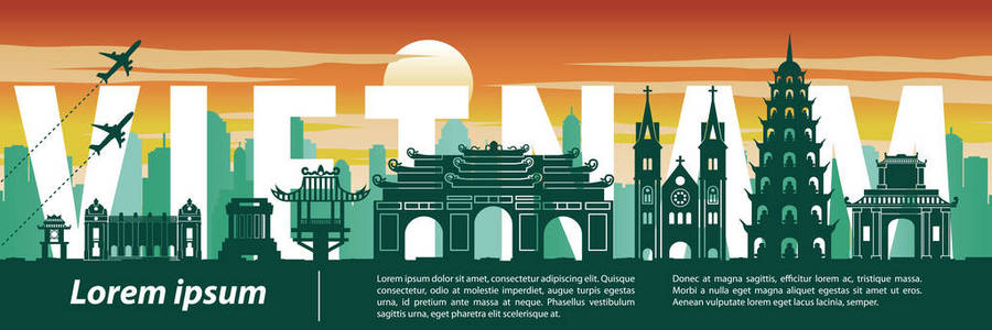 越南最著名的地标剪影风格文本与旅游插图