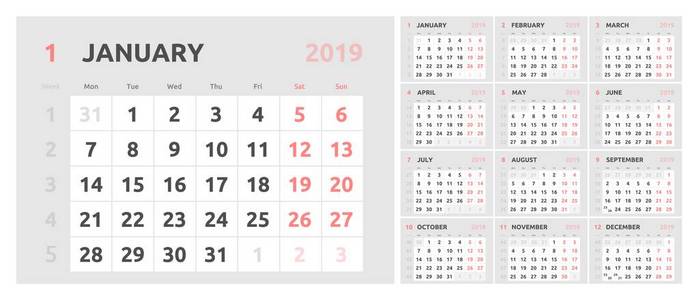 2019日历设计。周从星期一开始