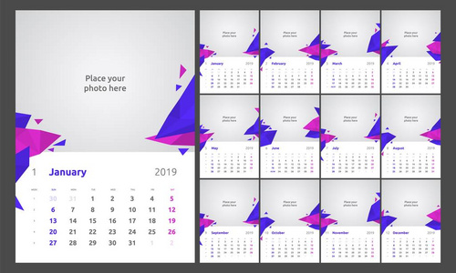 2019年日历设计。套12日历页矢量设计打印模板与照片的位置