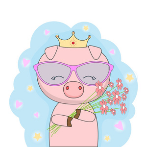 公主花束小可爱的猪公主与金冠拿着花束花照片