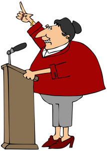 一个中年妇女从讲台后面用一只胳膊说话的插图。