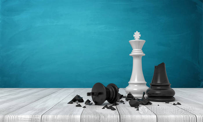 3d 渲染一个白色的国际象棋王站在一个破碎的黑色国王雕像之上的木制