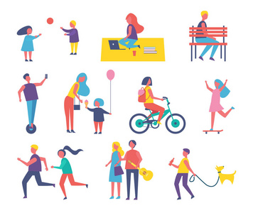 卡通滑板少年在一起人们在公园卡通图标散步和乐趣照片