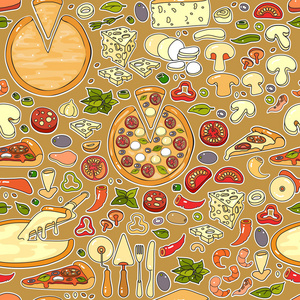 矢量无缝图案的手绘彩色披萨配料图标在浅棕色背景。 比萨饼平面设计矢量插图。