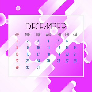2019年12月日历页插图。带有抽象背景紫色的矢量图形页