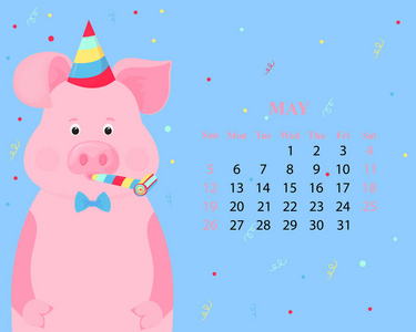 从星期日到星期六的2019年5月月度日历.