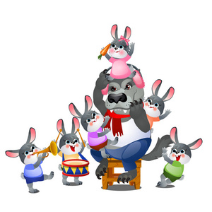 一套动画快乐的小兔子在衣服上玩与狼隔离在白色的背景。向量动画片特写例证
