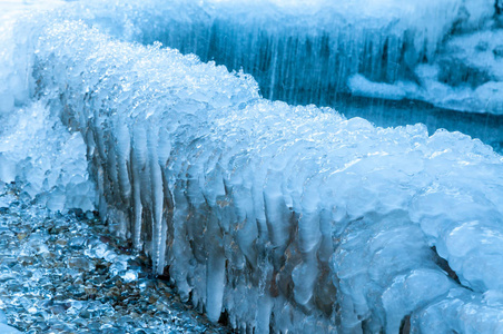 由河水形成的冰晶。 冰冷的背景。