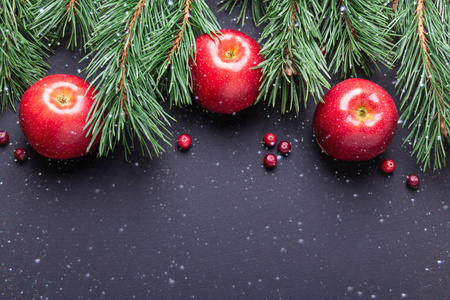 圣诞背景与树枝，红苹果和蔓越莓。 深色的木制桌子。 上面的风景。 复制空间