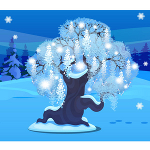 素描为圣诞海报与美丽的树与传播哭泣的皇冠。贺卡模板, 派对邀请。雪天的冬季风景与降雪。闪闪发光的雪花, 节日的气氛