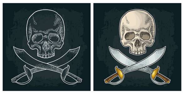 头骨和交叉海盗剑。葡萄酒雕刻查出的白色