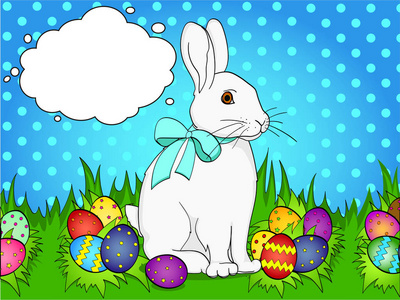流行艺术复活节兔子在绿色的草地上, 复活节彩蛋。漫画书风格的模仿。复古复古风格。文本气泡