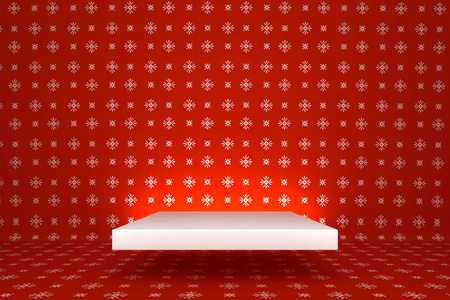 3D示例圣诞产品展示。红色房间背景，白色雪花，用聚光灯照明。清晰的摄影棚。商店和展示的插图。