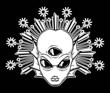 矢量手绘插图愤怒的外星人用三只眼睛孤立.有创意的纹身艺术品.