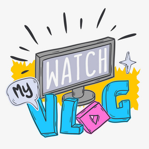 vlog 视频博客社交媒体卡通风格设计观看我的 vlog 调用行动矢量图形