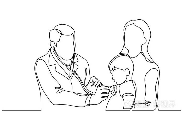 医生检查儿童病人的连续矢量线图插画