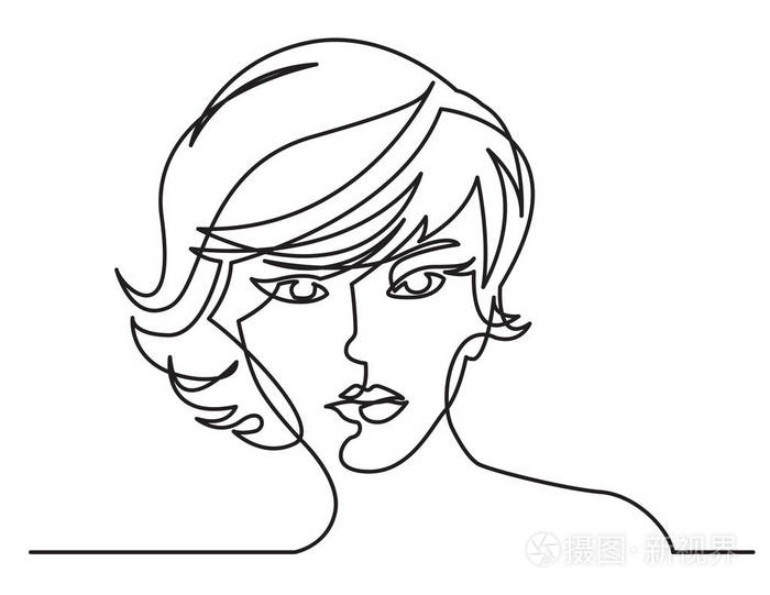 白色背景下美丽发型女性的连续线条画