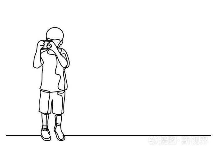 用相机拍摄照片的男孩连续线画