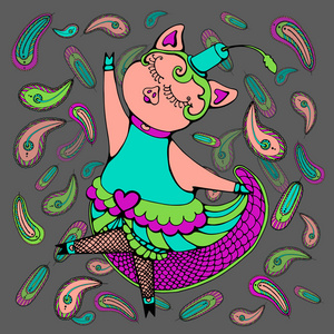 猪在歌舞服装跳舞在羽毛的藤条