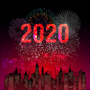 新年快乐，2020年背景与烟花。