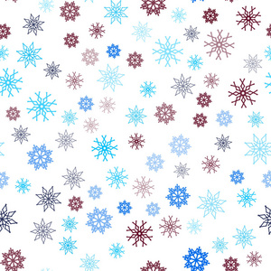 浅蓝红色矢量无缝布局与明亮的雪花。 模糊装饰设计在圣诞节风格与雪。 窗帘窗帘设计图案。