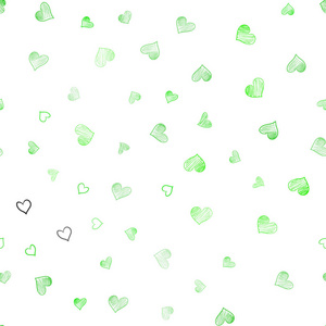 浅绿色矢量无缝布局与甜蜜的心。 闪烁的抽象插图与五颜六色的心在浪漫的风格。 狂欢节浪漫传单图案。