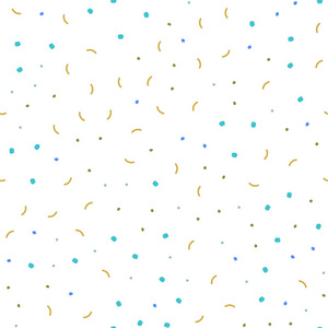 浅蓝黄色矢量无缝图案与球体三角形。 插图与一组五颜六色的抽象圆圈和线条。 纺织品壁纸设计。
