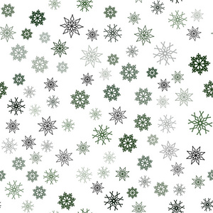 深绿色矢量无缝模板与冰雪花。 闪耀的彩色插图与雪在圣诞节风格。 织物壁纸设计图案。