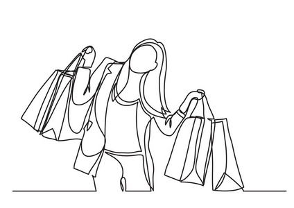 快乐的女人背着购物袋，连续的画