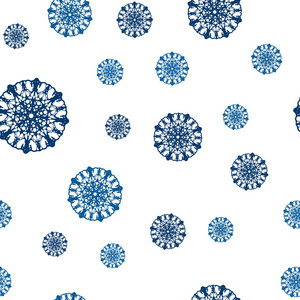 深蓝色矢量无缝纹理与彩色雪花。 装饰闪亮的插图与雪在抽象模板。 织物壁纸设计图案。