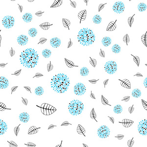 浅蓝色矢量无缝涂鸦模板与叶子花。 五颜六色的涂鸦风格的插图与叶子的花。 壁纸面料制造商的时尚设计。