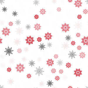 浅红色矢量无缝布局与明亮的雪花。 雪在模糊的抽象背景上有梯度。 织物壁纸设计图案。