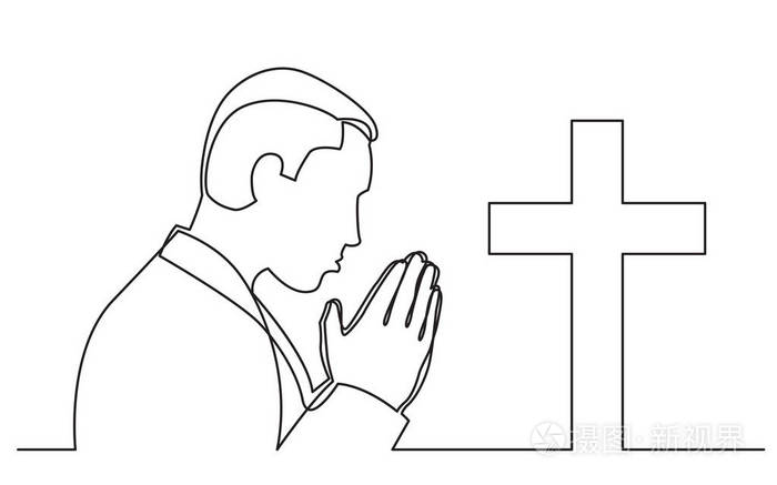 基督教十字架祷告人的连续线图插画